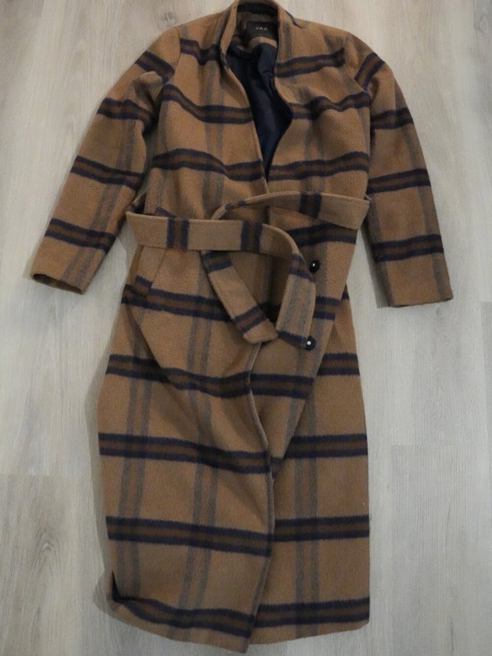 Y.A.S Long Belted Plaid Coat Camel Navy Brushed Wrap Coat Size S